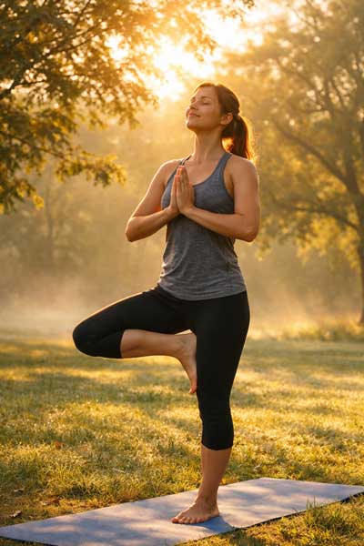 lady performing yoga in the morning sunlight. 